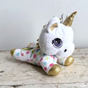Sunny Days Entertainment Polka Dot Unicorn Plush Gold Horn White 6 Inch Toy